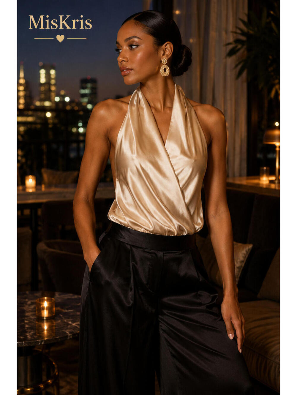 Julia Allert Satin Halter Cowl Top Champagne Gold Open Back Size Large NWT